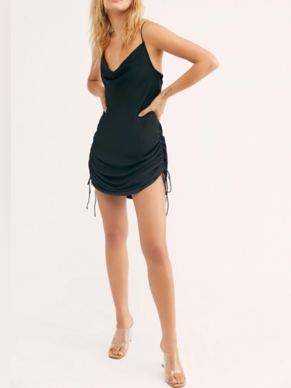 NWT Free People Black Cowl Neck Mini Dress with Side Ruching Small